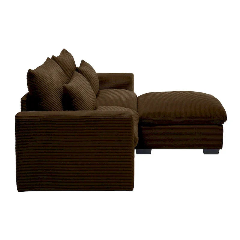 Canapé Sectionnel Confortable en Velours Côtelé avec Coussins et Accoudoirs Ronds, Canapé-Lit en Velours Côtelé Assise Profonde avec Pouf de Rangement