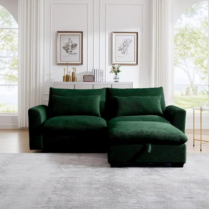 Canapé Sectionnel Confortable en Velours Côtelé avec Coussins et Accoudoirs Ronds, Canapé-Lit en Velours Côtelé Assise Profonde avec Pouf de Rangement
