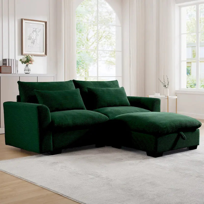 Canapé Sectionnel Confortable en Velours Côtelé avec Coussins et Accoudoirs Ronds, Canapé-Lit en Velours Côtelé Assise Profonde avec Pouf de Rangement