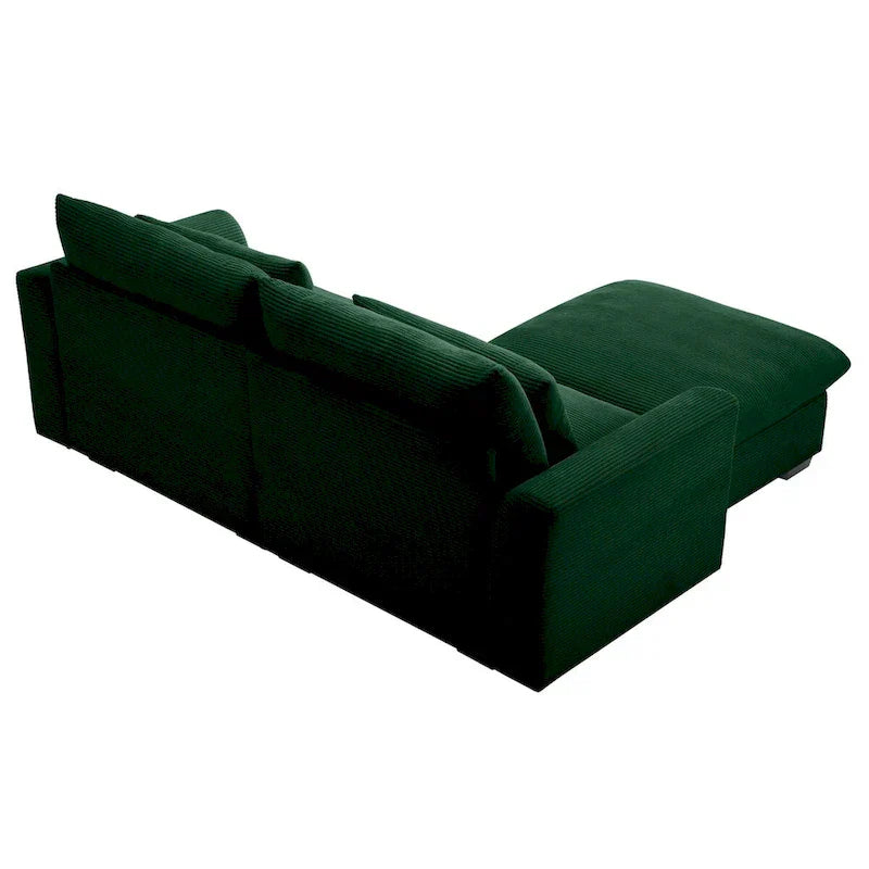 Canapé Sectionnel Confortable en Velours Côtelé avec Coussins et Accoudoirs Ronds, Canapé-Lit en Velours Côtelé Assise Profonde avec Pouf de Rangement