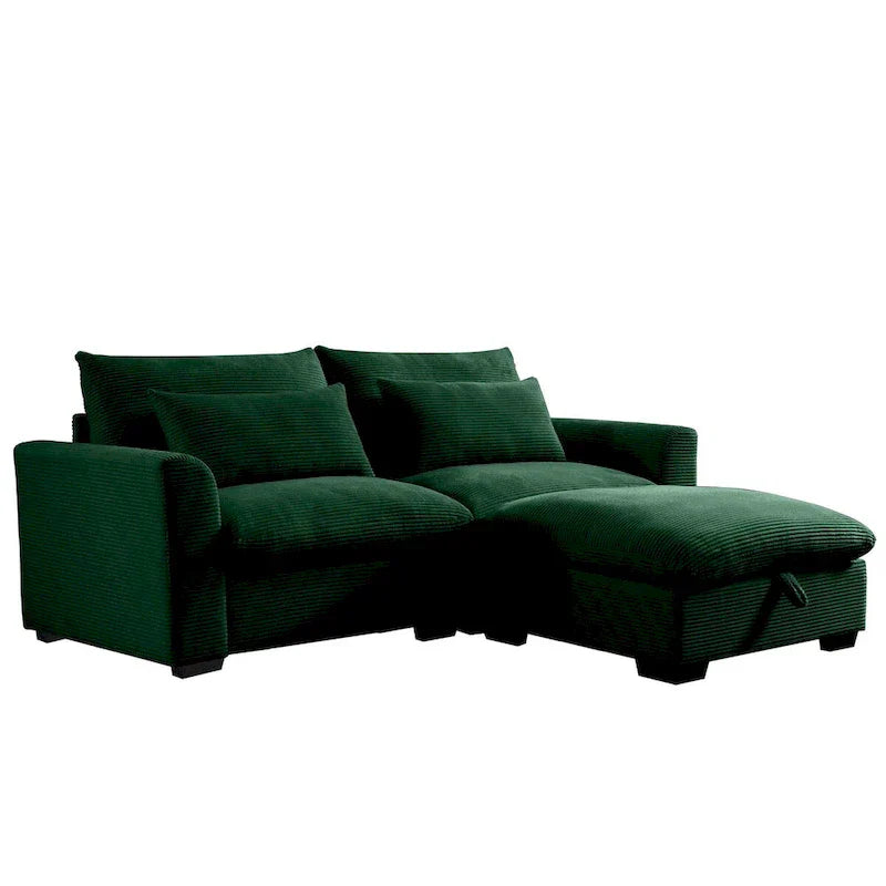Canapé Sectionnel Confortable en Velours Côtelé avec Coussins et Accoudoirs Ronds, Canapé-Lit en Velours Côtelé Assise Profonde avec Pouf de Rangement