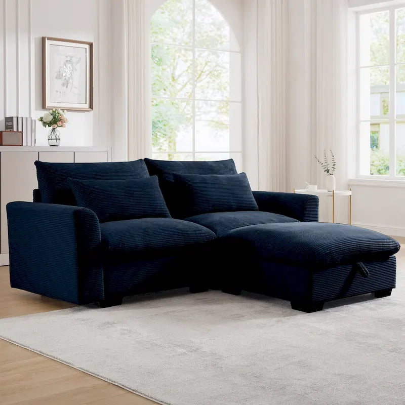 Canapé Sectionnel Confortable en Velours Côtelé avec Coussins et Accoudoirs Ronds, Canapé-Lit en Velours Côtelé Assise Profonde avec Pouf de Rangement