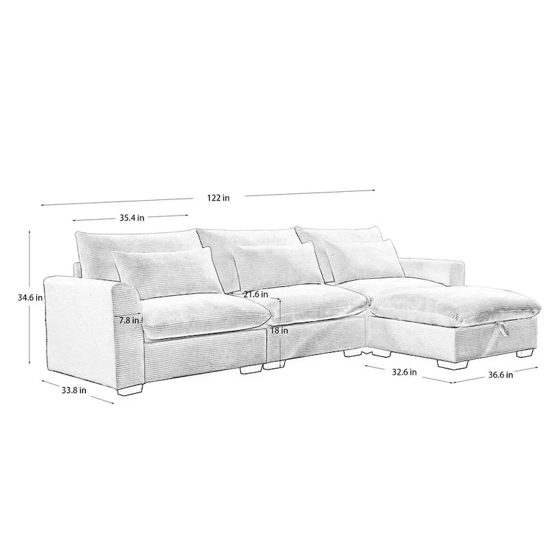 Canapé Sectionnel Confortable en Velours Côtelé avec Coussins et Accoudoirs Ronds, Canapé-Lit en Velours Côtelé Assise Profonde avec Pouf de Rangement