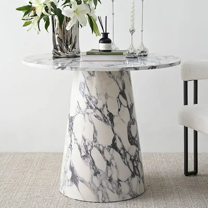 Table de salle à manger sur pied ronde 35 en faux marbre