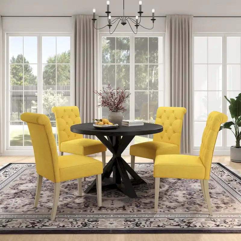 Ensemble de salle à manger rond 5 pièces Roundhill Furniture Banff, table ronde à traverse croisée avec 4 chaises capitonnées