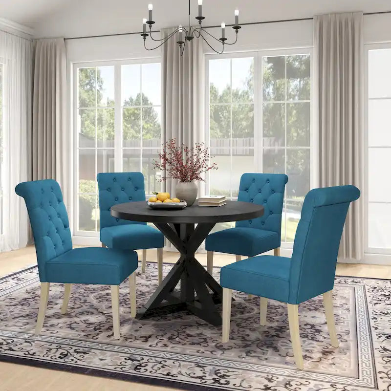 Ensemble de salle à manger rond 5 pièces Roundhill Furniture Banff, table ronde à traverse croisée avec 4 chaises capitonnées