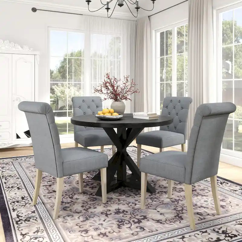Ensemble de salle à manger rond 5 pièces Roundhill Furniture Banff, table ronde à traverse croisée avec 4 chaises capitonnées