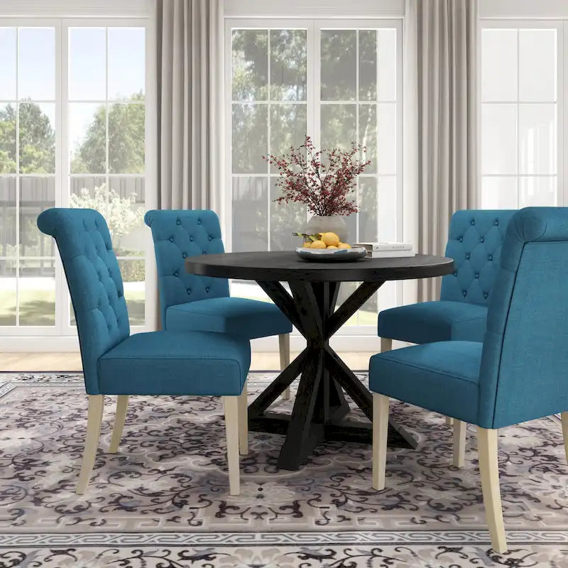 Ensemble de salle à manger rond 5 pièces Roundhill Furniture Banff, table ronde à traverse croisée avec 4 chaises capitonnées