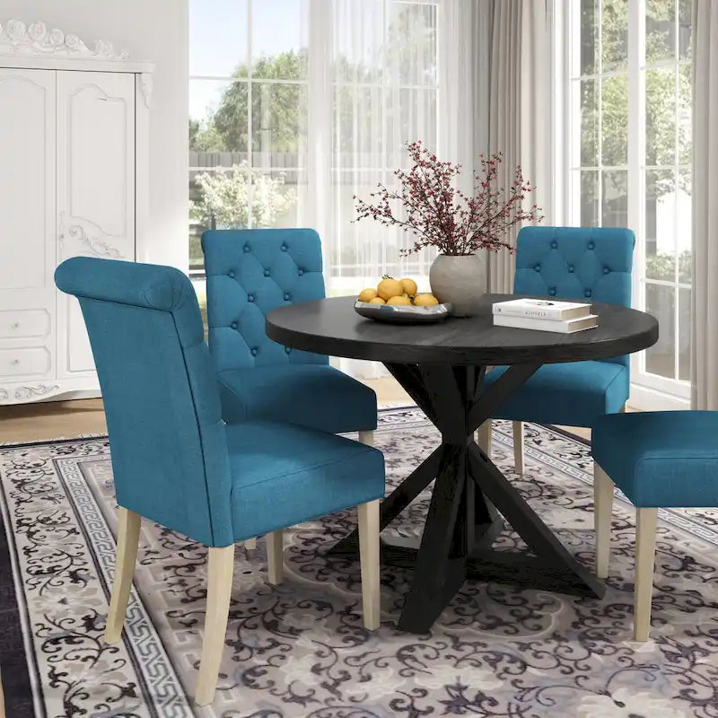 Ensemble de salle à manger rond 5 pièces Roundhill Furniture Banff, table ronde à traverse croisée avec 4 chaises capitonnées