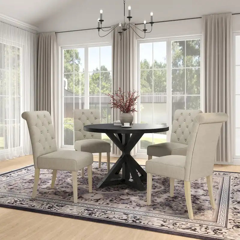 Ensemble de salle à manger rond 5 pièces Roundhill Furniture Banff, table ronde à traverse croisée avec 4 chaises capitonnées