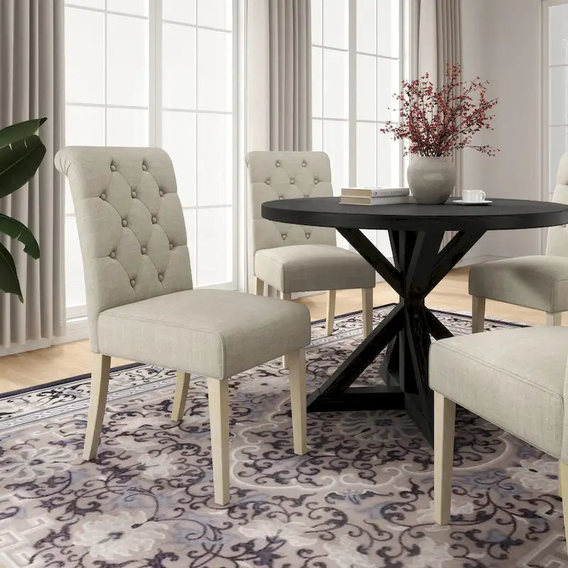 Ensemble de salle à manger rond 5 pièces Roundhill Furniture Banff, table ronde à traverse croisée avec 4 chaises capitonnées