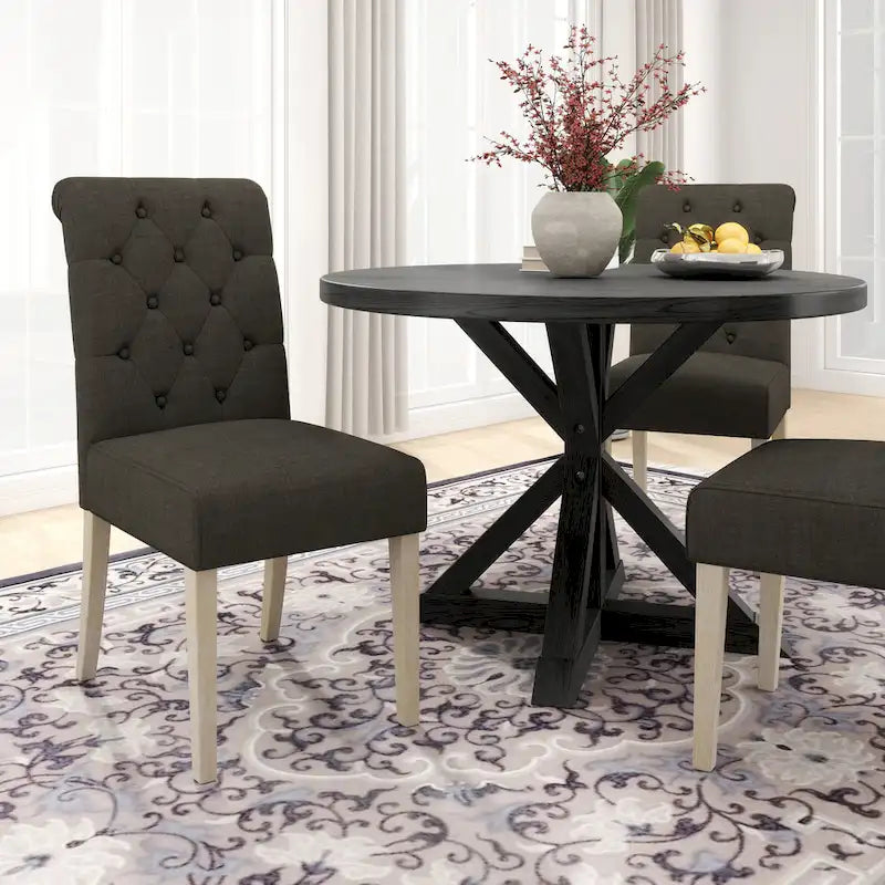 Ensemble de salle à manger rond 5 pièces Roundhill Furniture Banff, table ronde à traverse croisée avec 4 chaises capitonnées