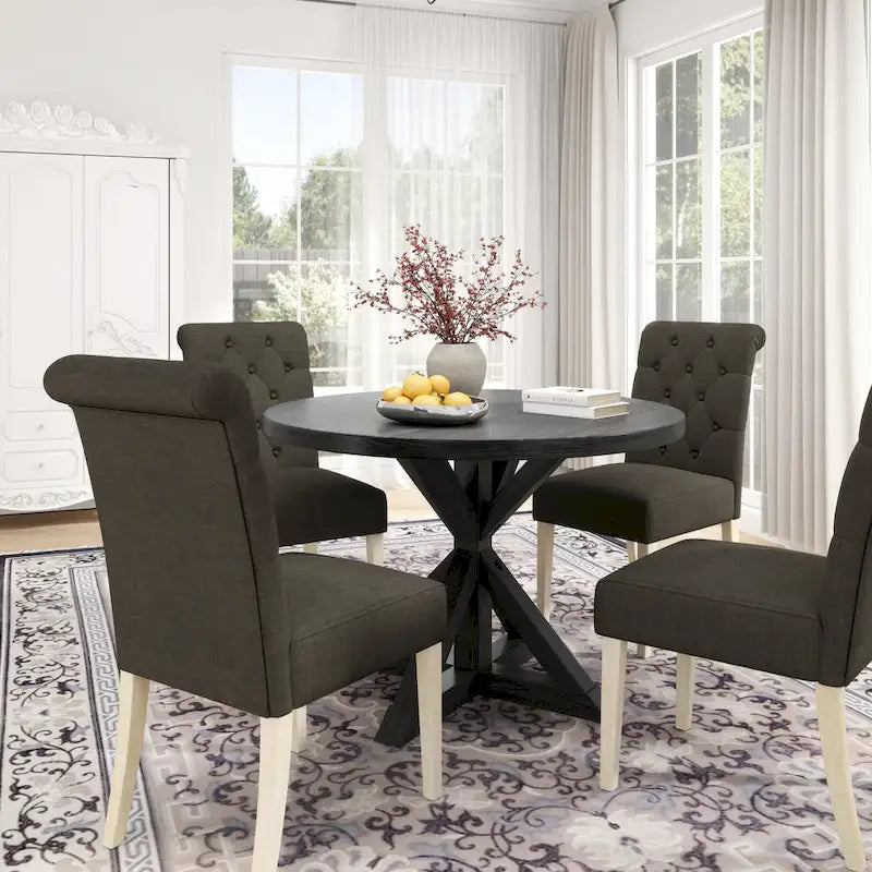 Ensemble de salle à manger rond 5 pièces Roundhill Furniture Banff, table ronde à traverse croisée avec 4 chaises capitonnées
