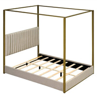 Lit plateforme à baldaquin Queen Size rembourré avec tête de lit et cadre en métal