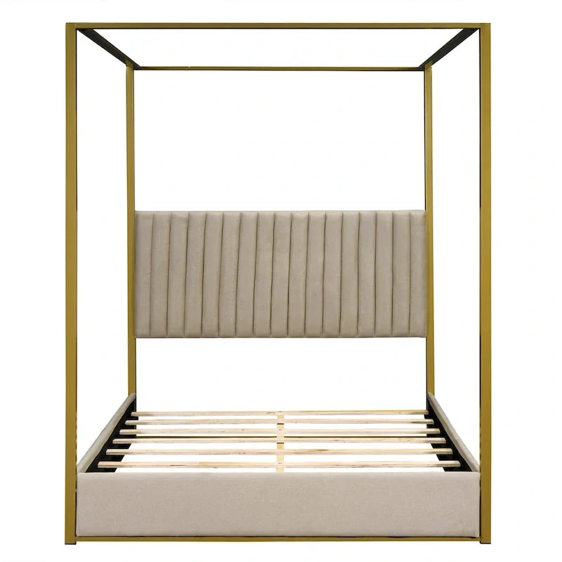 Lit plateforme à baldaquin Queen Size rembourré avec tête de lit et cadre en métal
