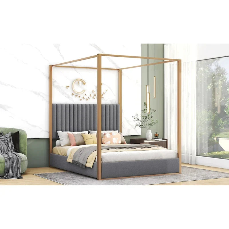 Lit plateforme à baldaquin Queen Size rembourré avec tête de lit et cadre en métal