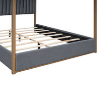 Lit plateforme à baldaquin Queen Size rembourré avec tête de lit et cadre en métal