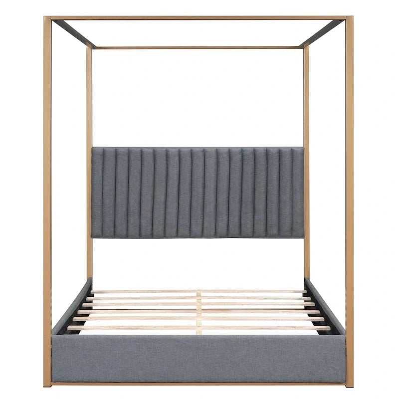 Lit plateforme à baldaquin Queen Size rembourré avec tête de lit et cadre en métal