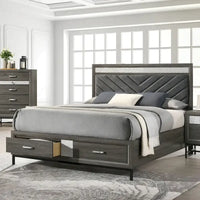Lit plateforme moderne gris avec rangement Heinisk de Furniture of America, avec tête et pied de lit à motifs chevrons et tiroirs