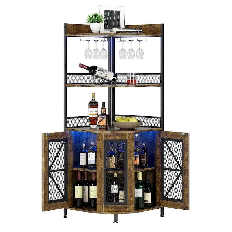 Meuble d'angle à vin à 5 niveaux avec lumière LED et porte-verres