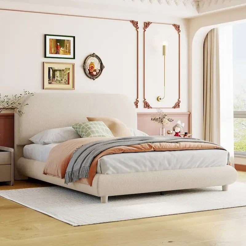 Lit plateforme capitonné pleine taille en tissu Teddy Fleece avec tissu épais