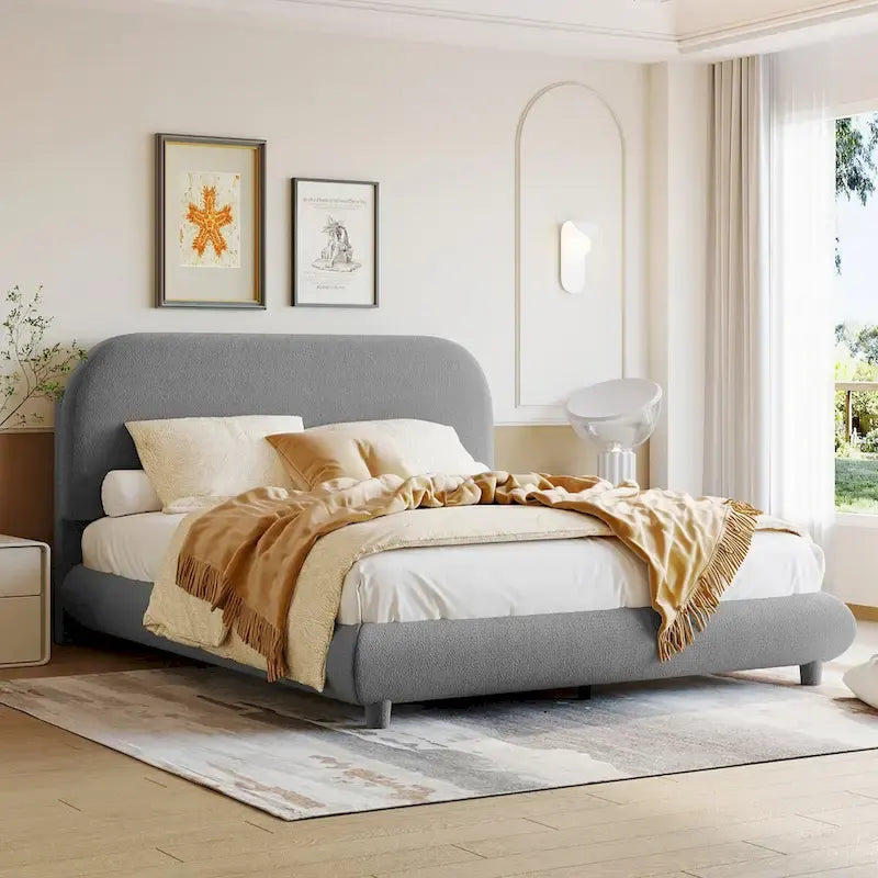 Lit plateforme capitonné pleine taille en tissu Teddy Fleece avec tissu épais
