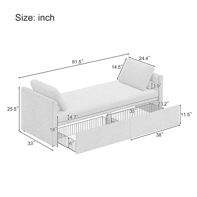 Méridienne moderne lit de repos petit lit de repos simple avec 2 tiroirs, sans matelas requis, parfait pour salons & bureau à domicile