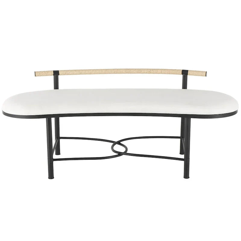 Banc de maison ovale rembourré abstrait en métal avec cadre en métal noir et dossier en corde - Blanc - Roche River Decor