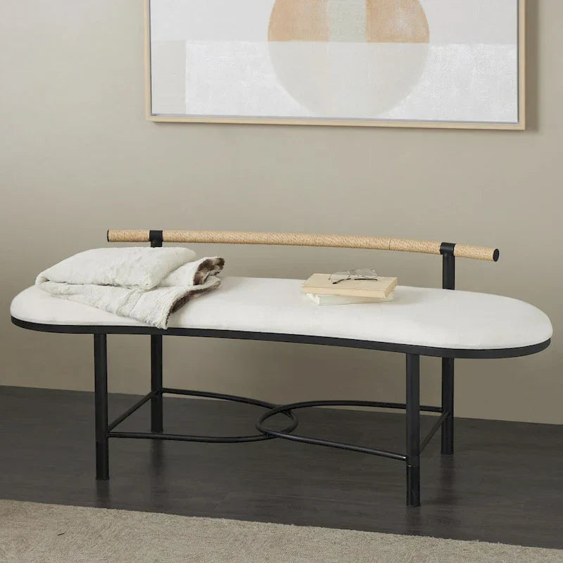 Banc de maison ovale rembourré abstrait en métal avec cadre en métal noir et dossier en corde - Blanc - Roche River Decor