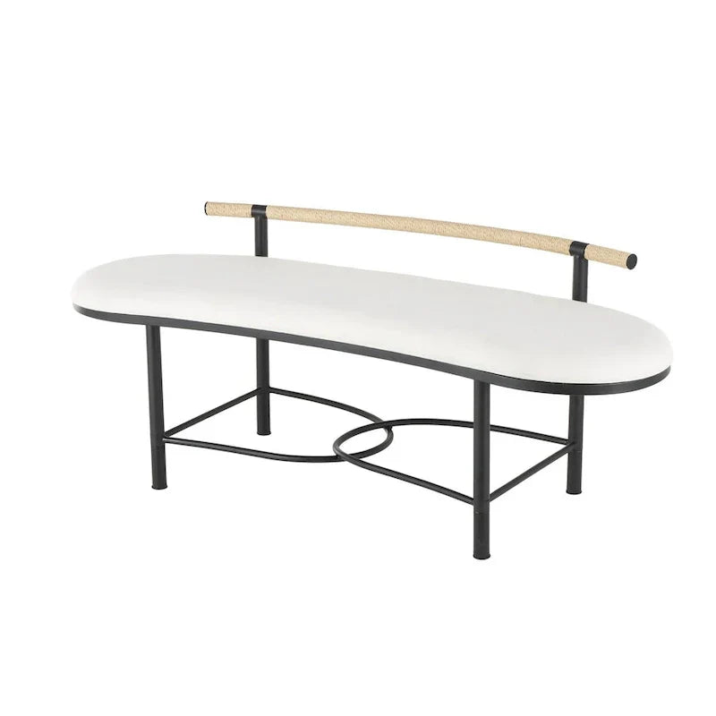 Banc de maison ovale rembourré abstrait en métal avec cadre en métal noir et dossier en corde - Blanc - Roche River Decor