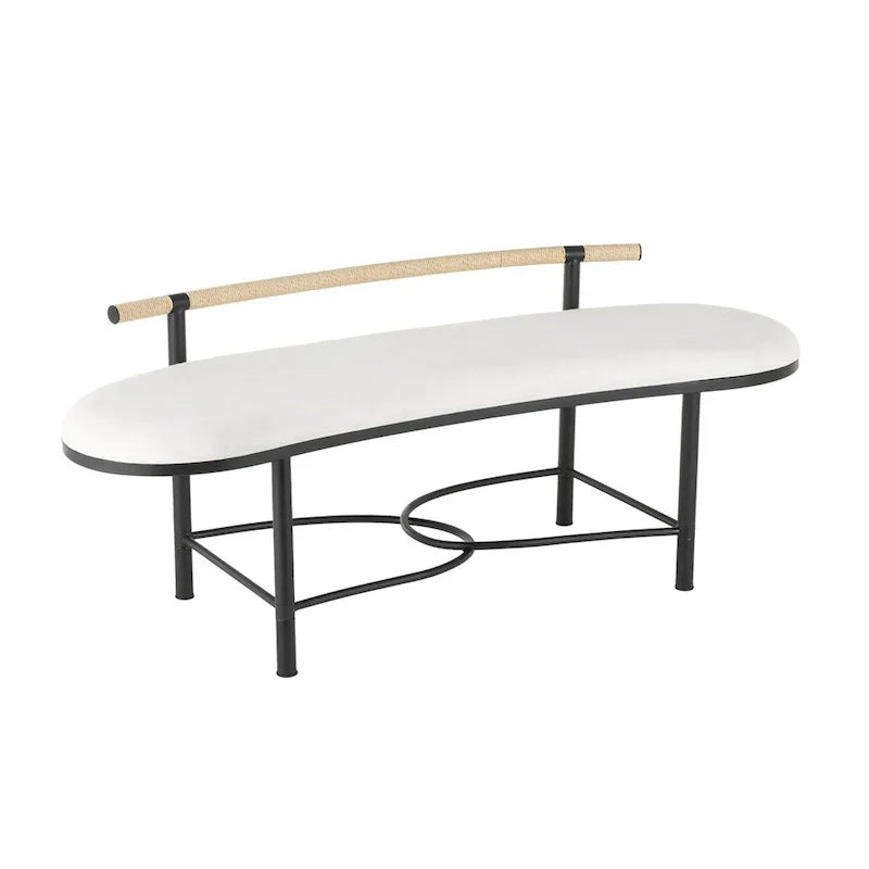 Banc de maison ovale rembourré abstrait en métal avec cadre en métal noir et dossier en corde - Blanc - Roche River Decor