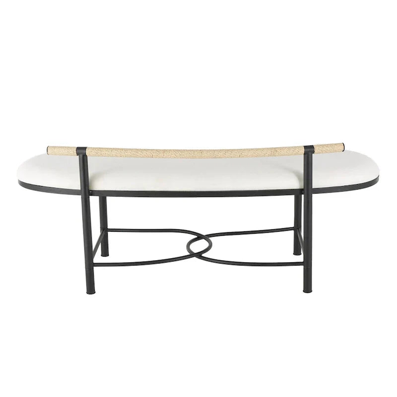 Banc de maison ovale rembourré abstrait en métal avec cadre en métal noir et dossier en corde - Blanc - Roche River Decor