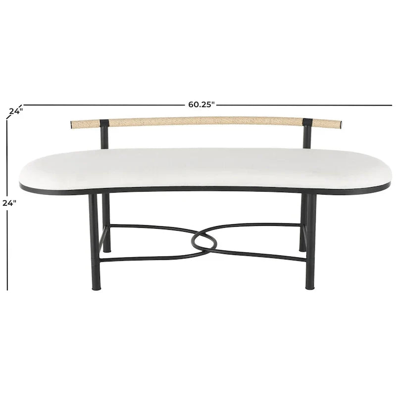Banc de maison ovale rembourré abstrait en métal avec cadre en métal noir et dossier en corde - Blanc - Roche River Decor