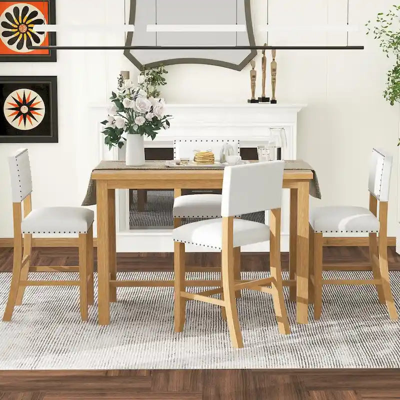 Ensemble de salle à manger hauteur comptoir 5 pièces, table élégante classique et 4 chaises en bois naturel délavé
