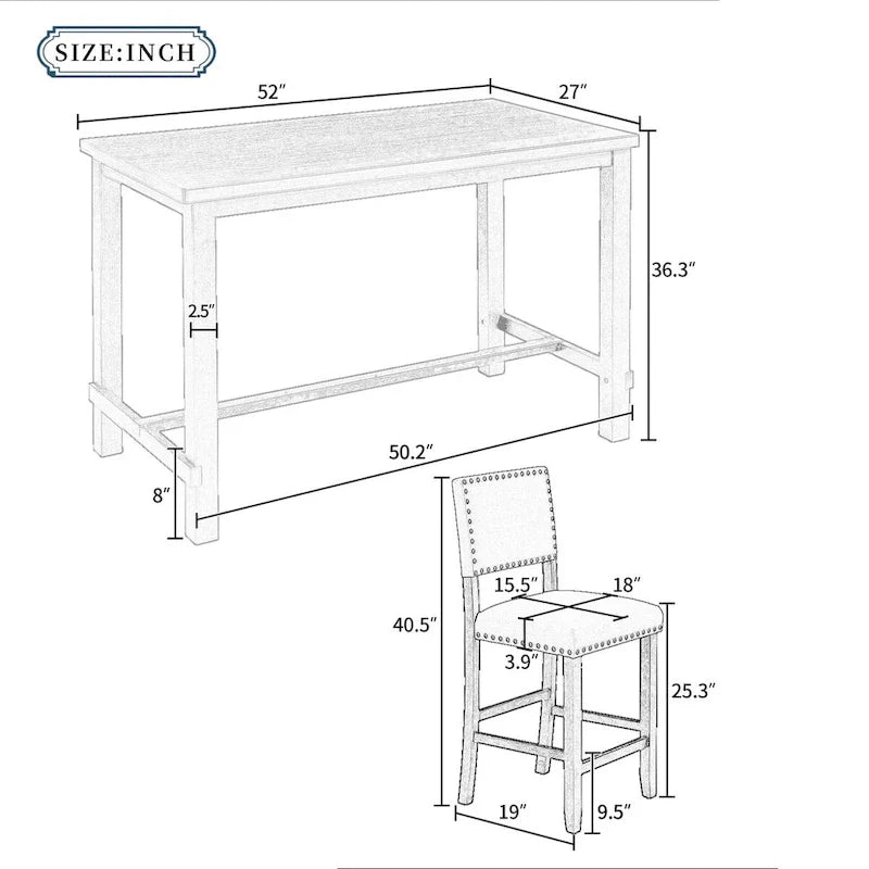 Ensemble de salle à manger hauteur comptoir 5 pièces, table élégante classique et 4 chaises en bois naturel délavé