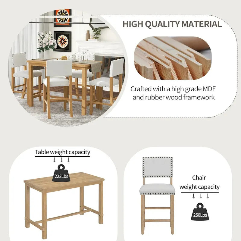 Ensemble de salle à manger hauteur comptoir 5 pièces, table élégante classique et 4 chaises en bois naturel délavé