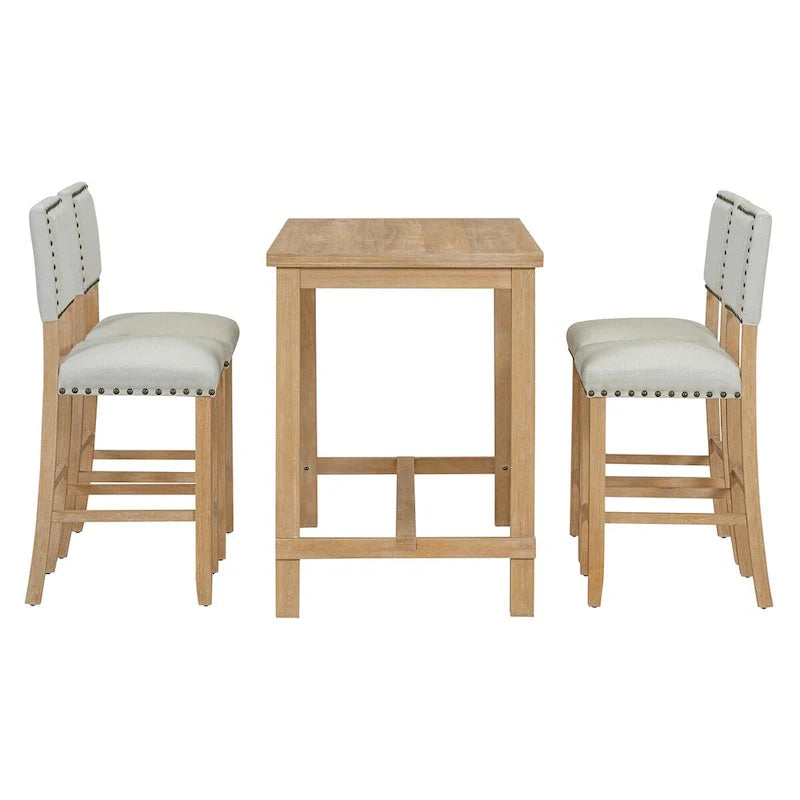 Ensemble de salle à manger hauteur comptoir 5 pièces, table élégante classique et 4 chaises en bois naturel délavé
