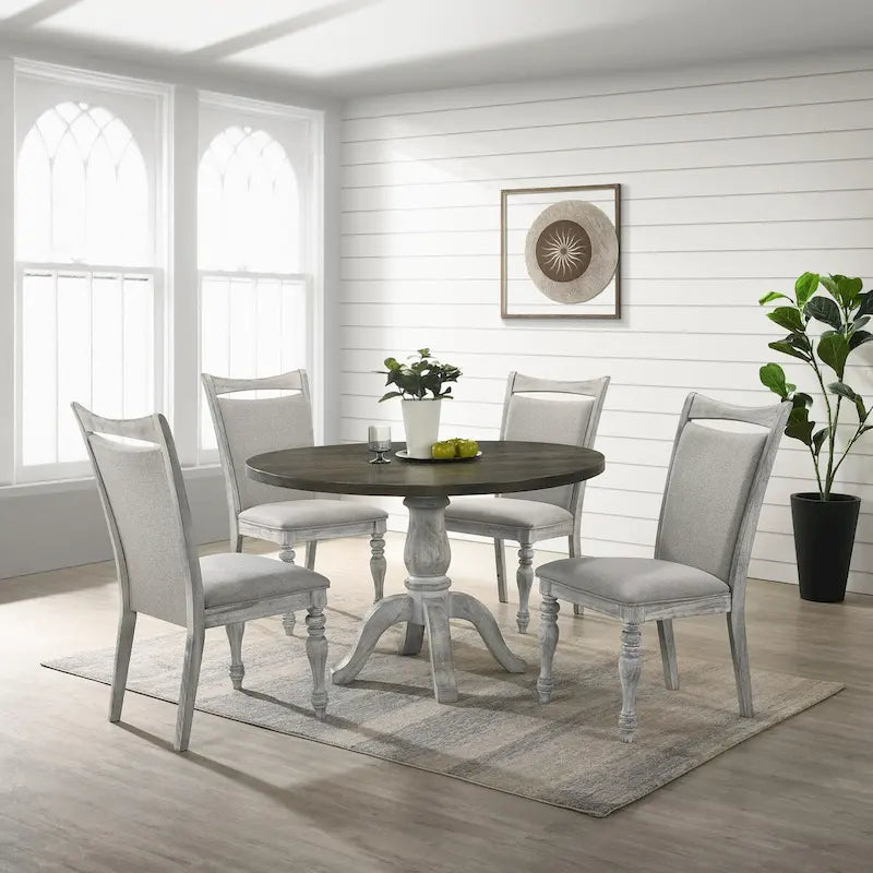Ensemble de salle à manger 5 pièces, table ronde à pied central avec 4 chaises, blanc patiné et gris