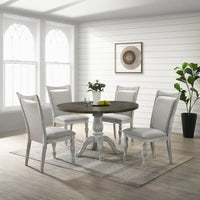 Ensemble de salle à manger 5 pièces, table ronde à pied central avec 4 chaises, blanc patiné et gris