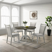 Ensemble de salle à manger 5 pièces, table ronde à pied central avec 4 chaises, blanc patiné et gris