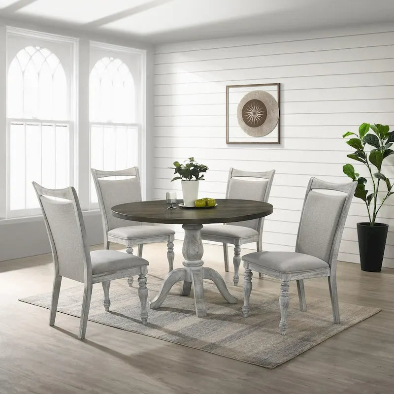 Ensemble de salle à manger 5 pièces, table ronde à pied central avec 4 chaises, blanc patiné et gris