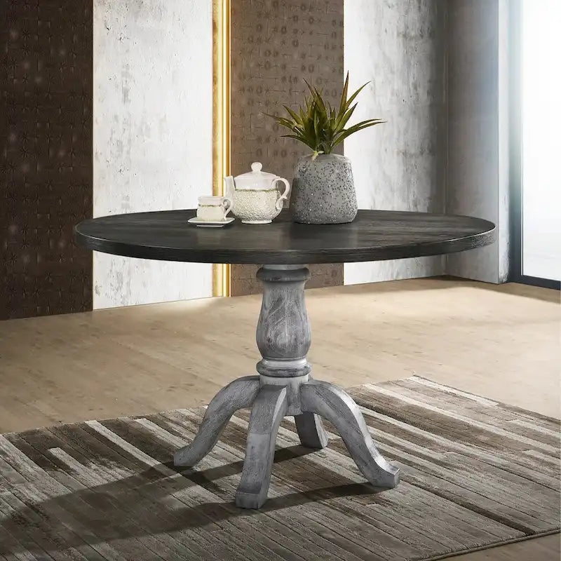 Ensemble de salle à manger 5 pièces, table ronde à pied central avec 4 chaises, blanc patiné et gris