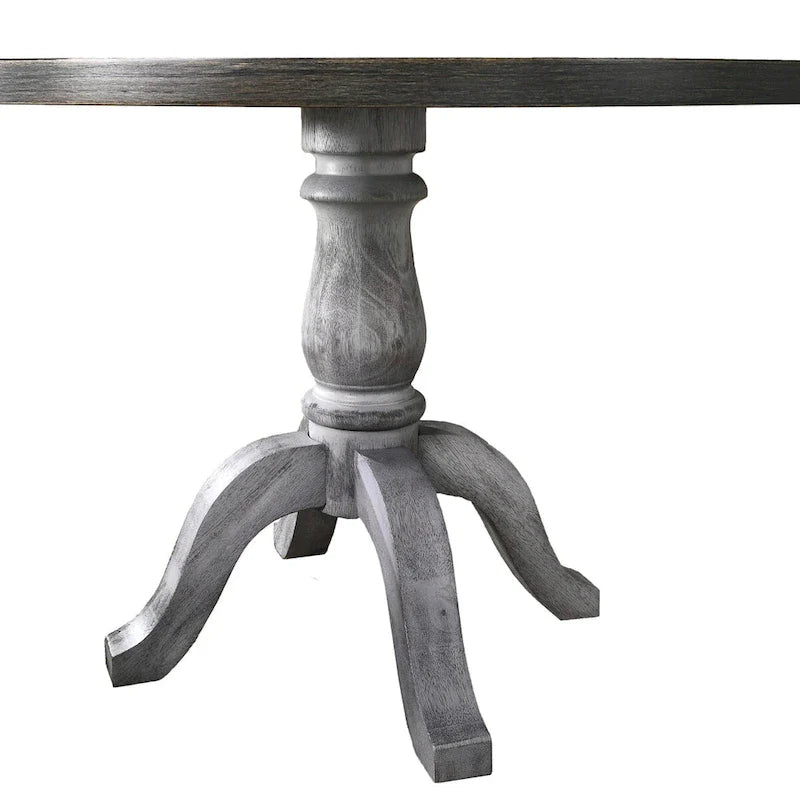 Ensemble de salle à manger 5 pièces, table ronde à pied central avec 4 chaises, blanc patiné et gris