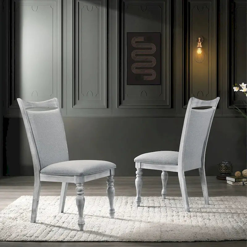 Ensemble de salle à manger 5 pièces, table ronde à pied central avec 4 chaises, blanc patiné et gris