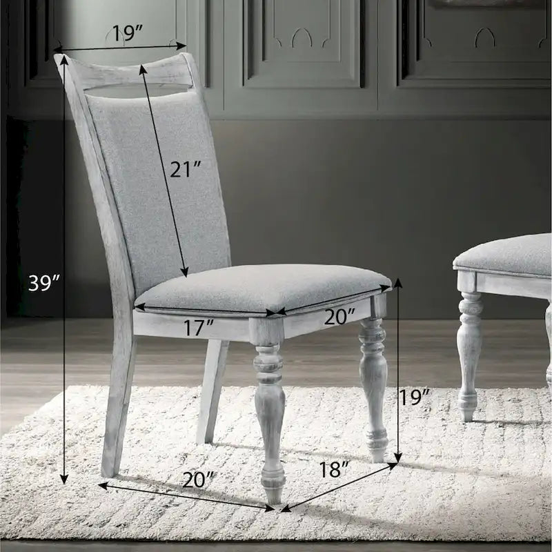 Ensemble de salle à manger 5 pièces, table ronde à pied central avec 4 chaises, blanc patiné et gris