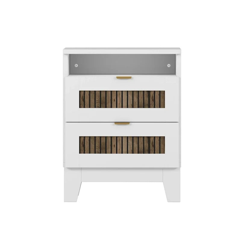 Ensembles de chambre 4 pièces, lit plateforme style ferme taille Full avec décoration en lattes de bois, table de chevet de rangement et commode
