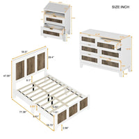Ensembles de chambre 4 pièces, lit plateforme style ferme taille Full avec décoration en lattes de bois, table de chevet de rangement et commode