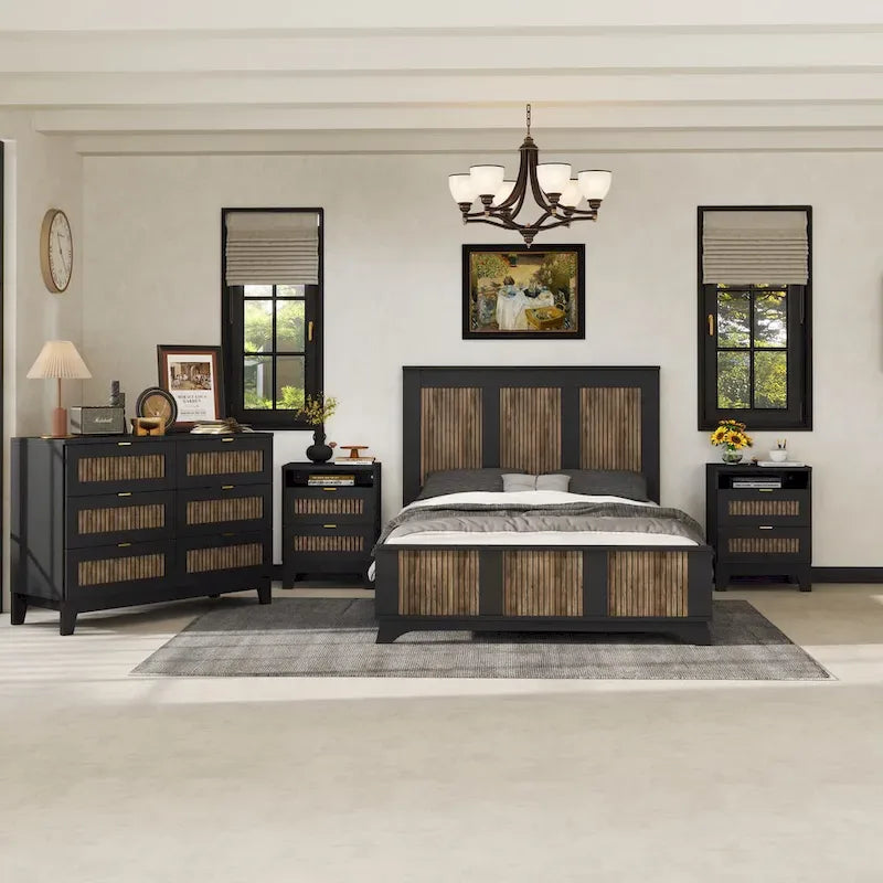 Ensembles de chambre 4 pièces, lit plateforme style ferme taille Full avec décoration en lattes de bois, table de chevet de rangement et commode