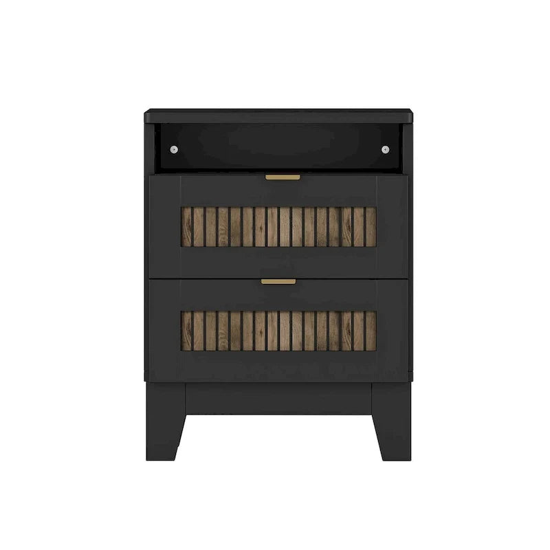 Ensembles de chambre 4 pièces, lit plateforme style ferme taille Full avec décoration en lattes de bois, table de chevet de rangement et commode