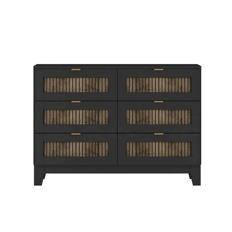 Ensembles de chambre 4 pièces, lit plateforme style ferme taille Full avec décoration en lattes de bois, table de chevet de rangement et commode
